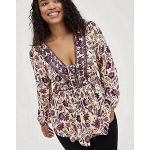 Torrid Blouse Womens SIze 14/16 Flowy Babydoll Textured Challis Bohemian Shirt